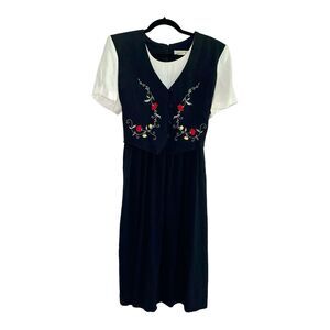 Vintage Allison-che Dress Medium Black White Floral Embroidery 90s Teacher